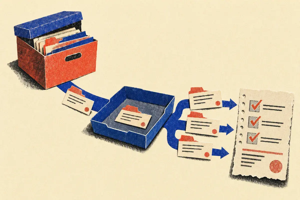 Risograph collage: one file moves from an archive box into a temporary tray, is checked, and becomes a receipt.